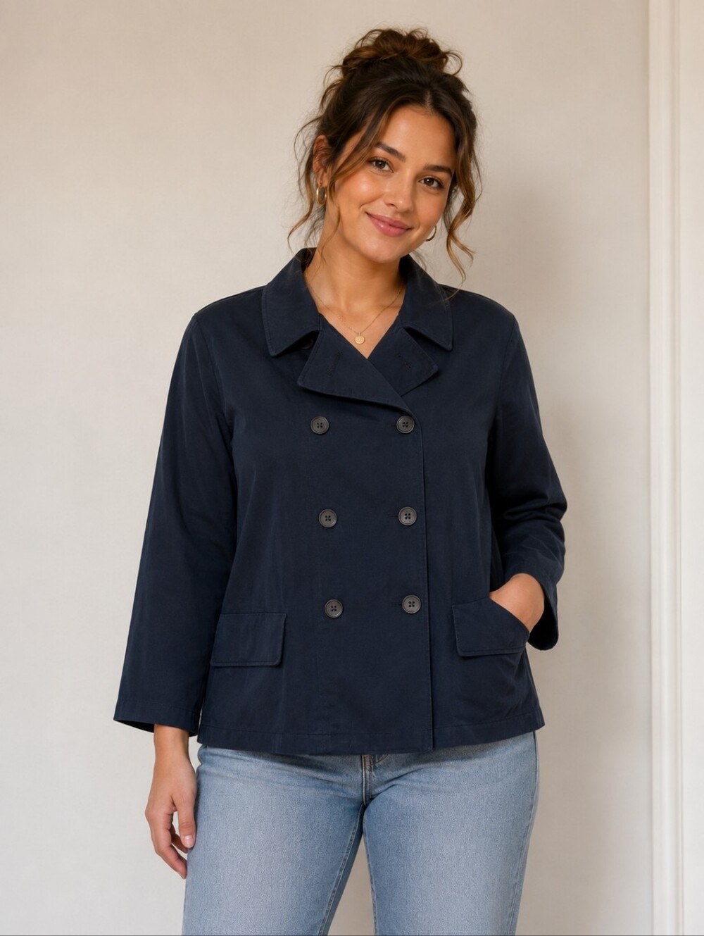 Uniqlo Rare Women's Double-Breasted Navy Light Pea Coat, XS, Oversized